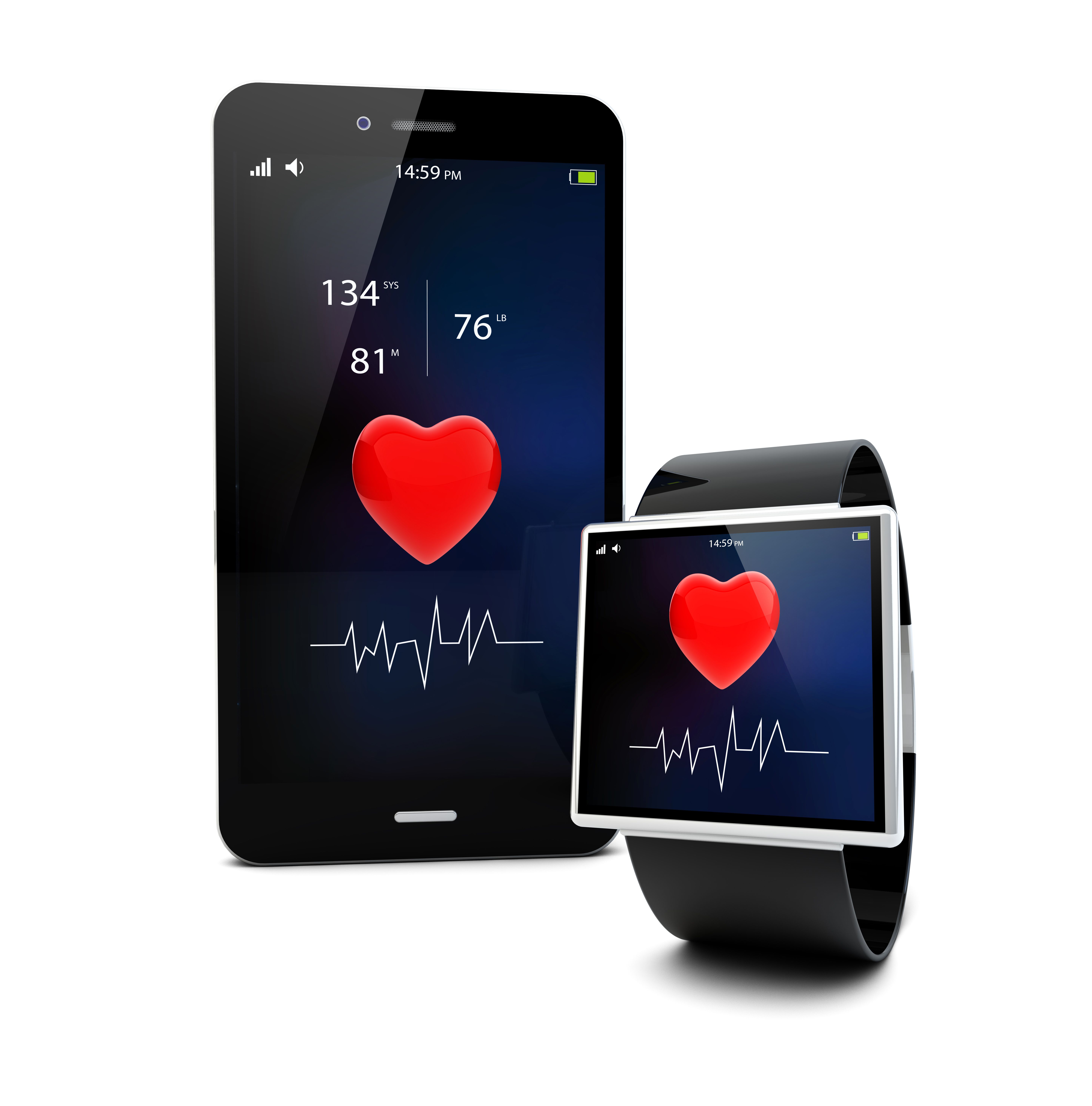 Health app connectivity concept: smart watch and touchscreen smartphone isolated on white background
